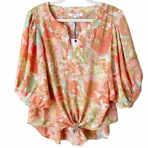 Rose + Olive | Floral Balloon Sleeve Tie Front Blouse Top Pink Orange Large NWT